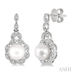 6X6 MM Round Shape Cultured Pearl and 1/8 Ctw Cutwork Marquise Round Cut Diamond Fashion Earring in 14K White Gold