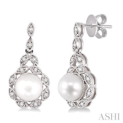 6X6 MM Round Shape Cultured Pearl and 1/8 Ctw Cutwork Marquise Round Cut Diamond Fashion Earring in 14K White Gold