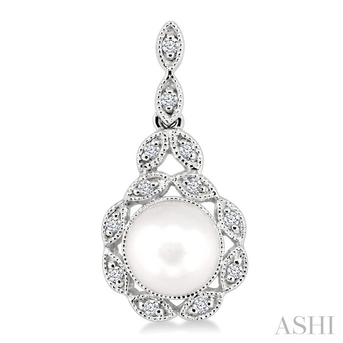 6X6 MM Round Shape Cultured Pearl and 1/8 Ctw Cutwork Marquise Round Cut Diamond Fashion Earring in 14K White Gold