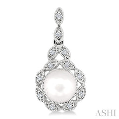 6X6 MM Round Shape Cultured Pearl and 1/8 Ctw Cutwork Marquise Round Cut Diamond Fashion Earring in 14K White Gold