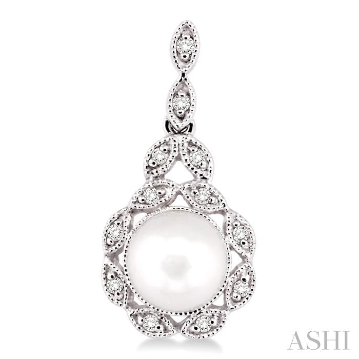 6X6 MM Round Shape Cultured Pearl and 1/8 Ctw Cutwork Marquise Round Cut Diamond Fashion Earring in 14K White Gold