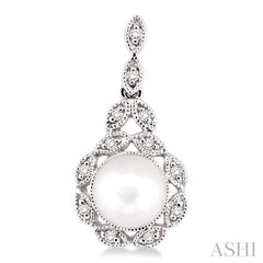 6X6 MM Round Shape Cultured Pearl and 1/8 Ctw Cutwork Marquise Round Cut Diamond Fashion Earring in 14K White Gold