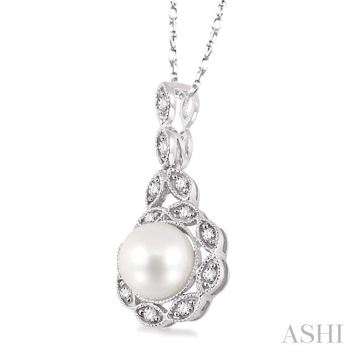 6.5 MM Cultured Pearl and 1/10 Ctw Round Cut Diamond Pendant in 14K White Gold with Chain