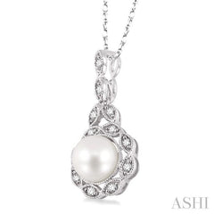 6.5 MM Cultured Pearl and 1/10 Ctw Round Cut Diamond Pendant in 14K White Gold with Chain