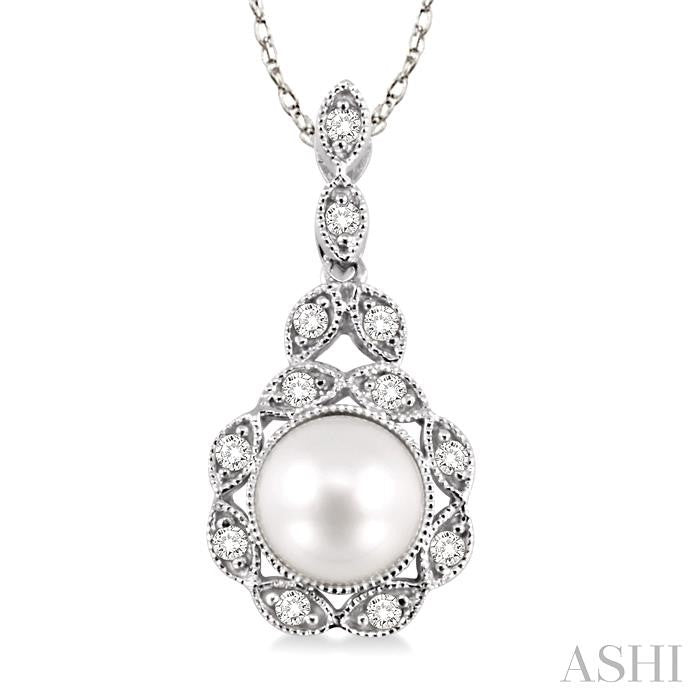 6.5 MM Cultured Pearl and 1/10 Ctw Round Cut Diamond Pendant in 14K White Gold with Chain