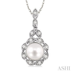 6.5 MM Cultured Pearl and 1/10 Ctw Round Cut Diamond Pendant in 14K White Gold with Chain
