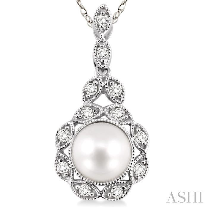 6.5 MM Cultured Pearl and 1/10 Ctw Round Cut Diamond Pendant in 14K White Gold with Chain