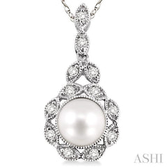 6.5 MM Cultured Pearl and 1/10 Ctw Round Cut Diamond Pendant in 14K White Gold with Chain