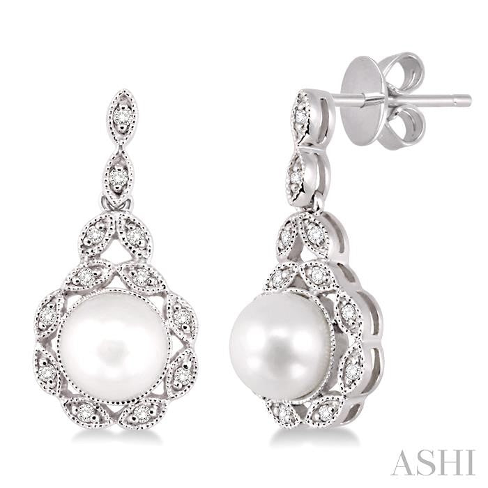 6X6 MM Round Shape Cultured Pearl and 1/8 Ctw Cutwork Marquise Round Cut Diamond Fashion Earring in 10K White Gold