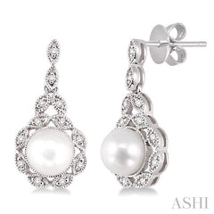 6X6 MM Round Shape Cultured Pearl and 1/8 Ctw Cutwork Marquise Round Cut Diamond Fashion Earring in 10K White Gold