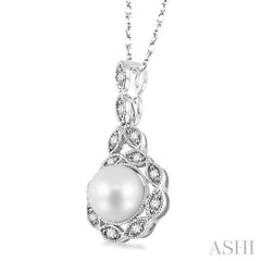 6.5 MM Cultured Pearl and 1/10 Ctw Round Cut Diamond Pendant in 10K White Gold with Chain