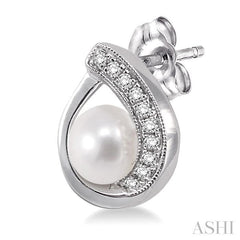 6x6 MM Round Shape Cultured Pearls and 1/10 Ctw Round Cut Diamond Earrings in 14K White Gold