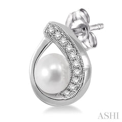 6x6 MM Round Shape Cultured Pearls and 1/10 Ctw Round Cut Diamond Earrings in 10K White Gold