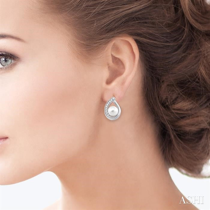 6x6 MM Round Shape Cultured Pearls and 1/10 Ctw Round Cut Diamond Earrings in 10K White Gold