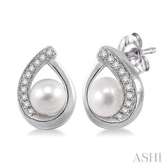 6x6 MM Round Shape Cultured Pearls and 1/10 Ctw Round Cut Diamond Earrings in 10K White Gold