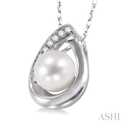 6.5 MM Round Shape Cultured Pearl and 1/20 Ctw Round Cut Diamond Pendant in 14K White Gold with Chain
