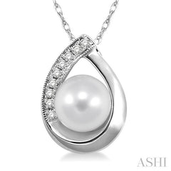 6.5 MM Round Shape Cultured Pearl and 1/20 Ctw Round Cut Diamond Pendant in 14K White Gold with Chain