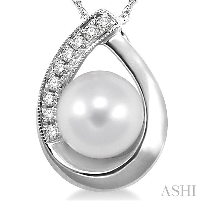 6.5 MM Round Shape Cultured Pearl and 1/20 Ctw Round Cut Diamond Pendant in 14K White Gold with Chain