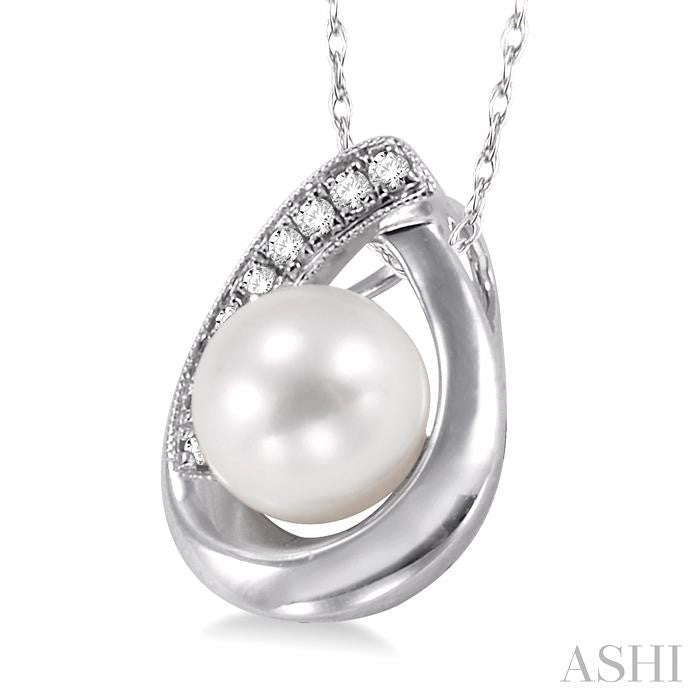 6.5 MM Round Shape Cultured Pearl and 1/20 Ctw Round Cut Diamond Pendant in 10K White Gold with Chain