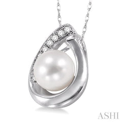 6.5 MM Round Shape Cultured Pearl and 1/20 Ctw Round Cut Diamond Pendant in 10K White Gold with Chain