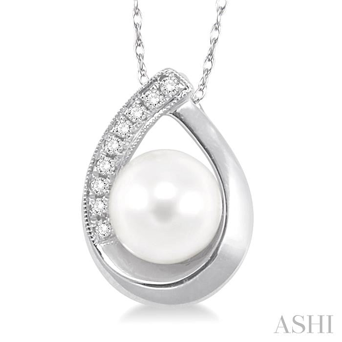 6.5 MM Round Shape Cultured Pearl and 1/20 Ctw Round Cut Diamond Pendant in 10K White Gold with Chain