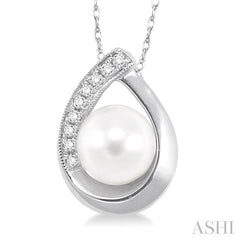 6.5 MM Round Shape Cultured Pearl and 1/20 Ctw Round Cut Diamond Pendant in 10K White Gold with Chain