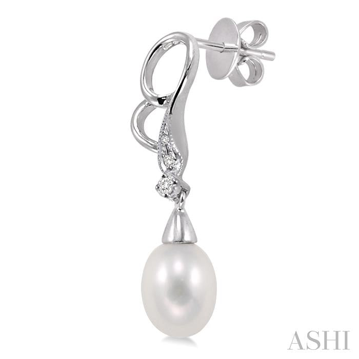 8x6 MM Cultured Pearls and 1/20 Ctw Round Cut Diamond Earrings in 14K White Gold