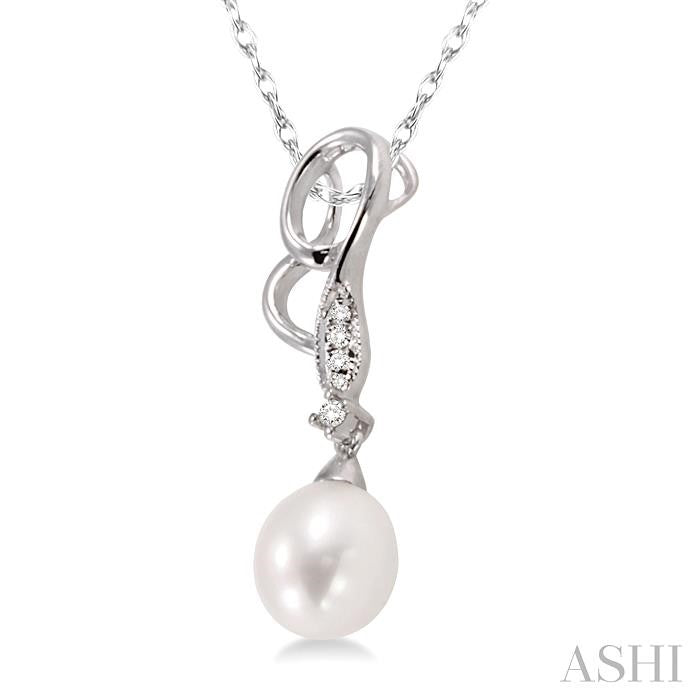 9x7 MM Briolette Cut Cultured Pearl and 1/20 Ctw Round Cut Diamond Drop Pendant in 14K White Gold with Chain