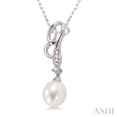 9x7 MM Briolette Cut Cultured Pearl and 1/20 Ctw Round Cut Diamond Drop Pendant in 14K White Gold with Chain