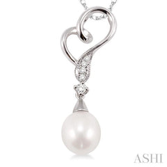 9x7 MM Briolette Cut Cultured Pearl and 1/20 Ctw Round Cut Diamond Drop Pendant in 14K White Gold with Chain