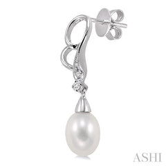 8x6 MM Cultured Pearls and 1/20 Ctw Round Cut Diamond Earrings in 10K White Gold