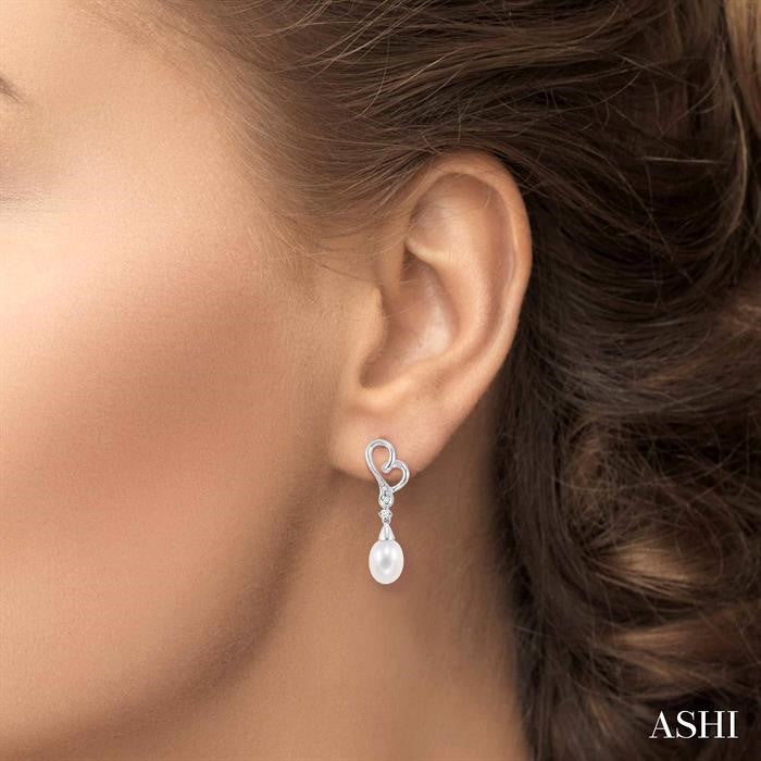 8x6 MM Cultured Pearls and 1/20 Ctw Round Cut Diamond Earrings in 10K White Gold