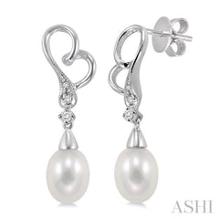 8x6 MM Cultured Pearls and 1/20 Ctw Round Cut Diamond Earrings in 10K White Gold