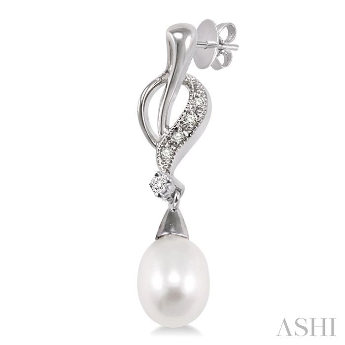 8x6 MM Drop Shape Cultured Pearls and 1/10 Ctw Round Cut Diamond Drop Earrings in 14K White Gold