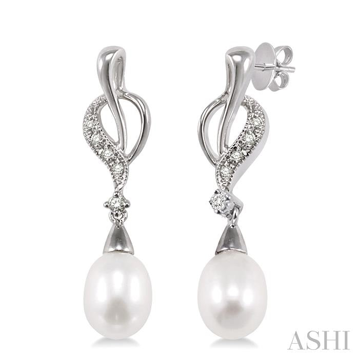 8x6 MM Drop Shape Cultured Pearls and 1/10 Ctw Round Cut Diamond Drop Earrings in 14K White Gold
