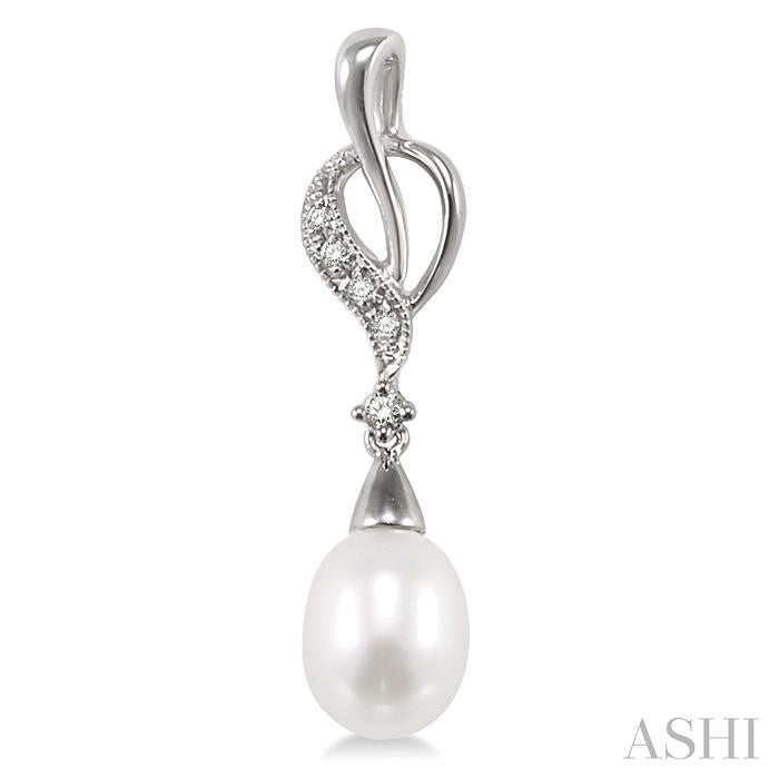 8x6 MM Drop Shape Cultured Pearls and 1/10 Ctw Round Cut Diamond Drop Earrings in 14K White Gold