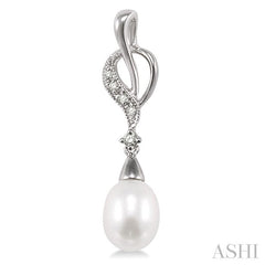 8x6 MM Drop Shape Cultured Pearls and 1/10 Ctw Round Cut Diamond Drop Earrings in 14K White Gold