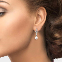 8x6 MM Drop Cut Cultured Pearls and 1/10 Ctw Round Cut Diamond Drop Earrings in 10K White Gold