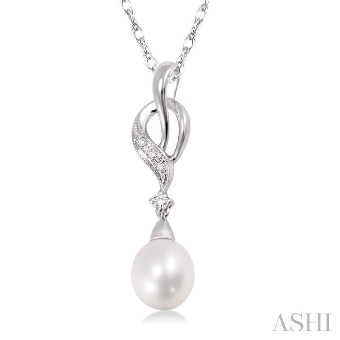 9x7 MM Briolette Cut Cultured Pearl and 1/20 Ctw Round Cut Diamond Drop Pendant in 14K White Gold with Chain