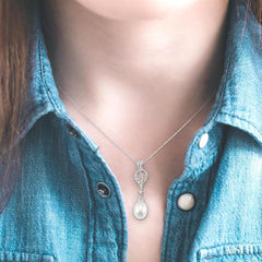 9x7 MM Briolette Cut Cultured Pearl and 1/20 Ctw Round Cut Diamond Drop Pendant in 14K White Gold with Chain