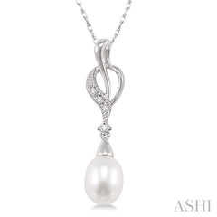 9x7 MM Briolette Cut Cultured Pearl and 1/20 Ctw Round Cut Diamond Drop Pendant in 14K White Gold with Chain