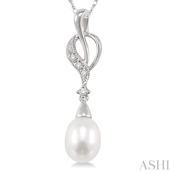 9x7 MM Briolette Cut Cultured Pearl and 1/20 Ctw Round Cut Diamond Drop Pendant in 14K White Gold with Chain