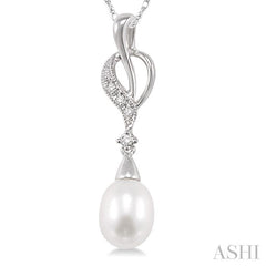 9x7 MM Briolette Cut Cultured Pearl and 1/20 Ctw Round Cut Diamond Drop Pendant in 14K White Gold with Chain
