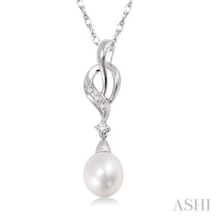 9x7 MM Briolette Cut Cultured Pearl and 1/20 Ctw Round Cut Diamond Drop Pendant in 10K White Gold with Chain