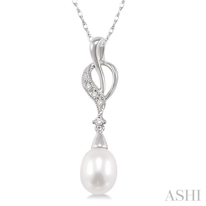 9x7 MM Briolette Cut Cultured Pearl and 1/20 Ctw Round Cut Diamond Drop Pendant in 10K White Gold with Chain