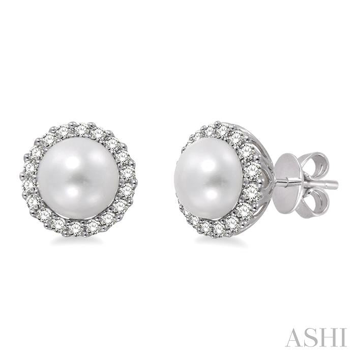 8 MM Cultured Pearls and 1/3 Ctw Round Cut Diamond Earrings in 14K White Gold