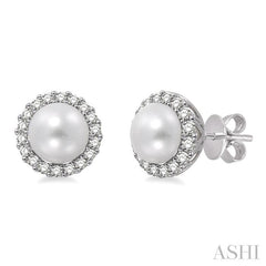 8 MM Cultured Pearls and 1/3 Ctw Round Cut Diamond Earrings in 14K White Gold