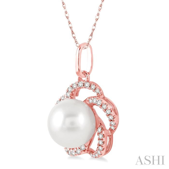7 MM Cultured Pearl and 1/8 Ctw Round Cut Diamond Pendant in 14K Rose Gold with Chain