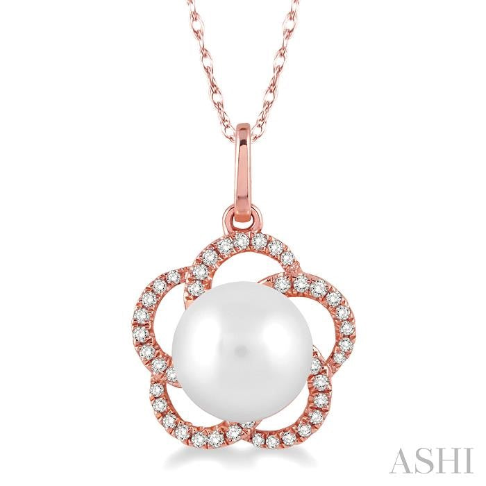 7 MM Cultured Pearl and 1/8 Ctw Round Cut Diamond Pendant in 14K Rose Gold with Chain