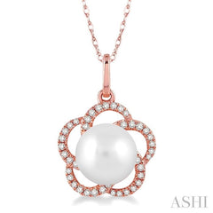 7 MM Cultured Pearl and 1/8 Ctw Round Cut Diamond Pendant in 14K Rose Gold with Chain
